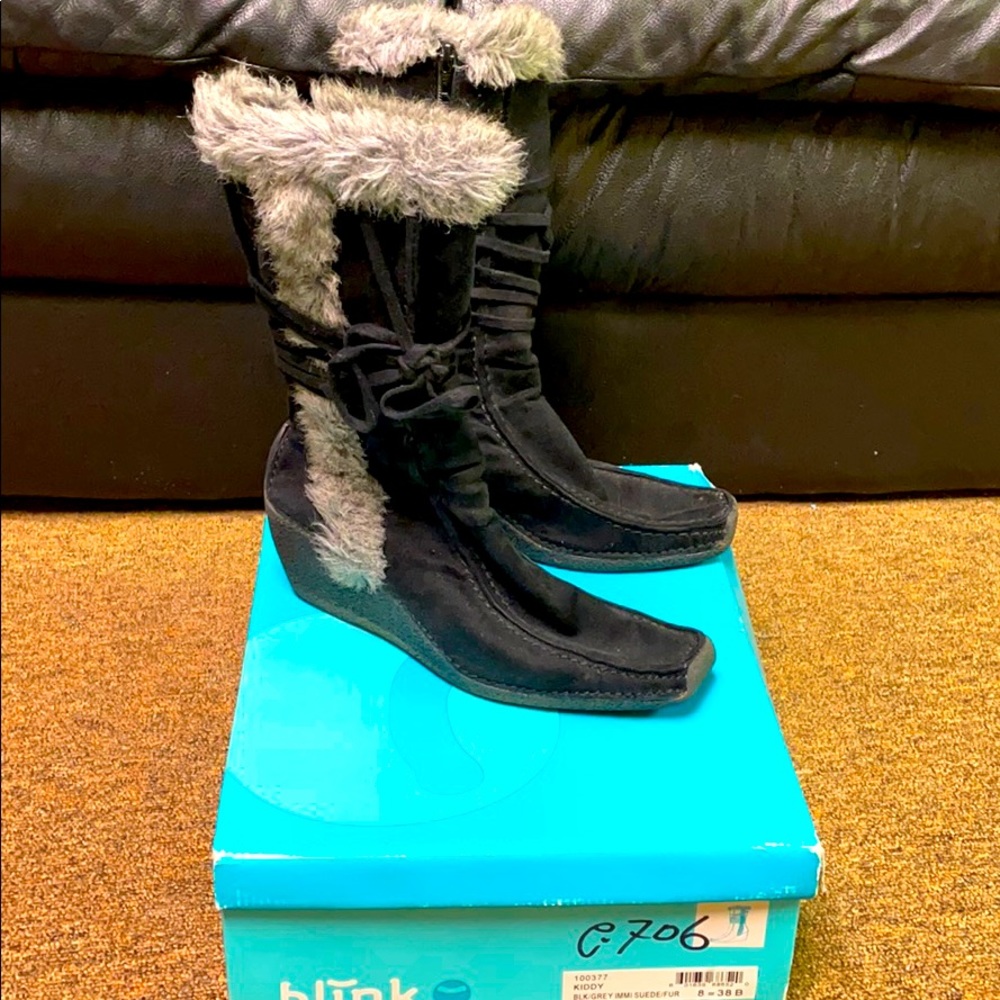 Wedge Faux Suede Boots Faux Fur Top